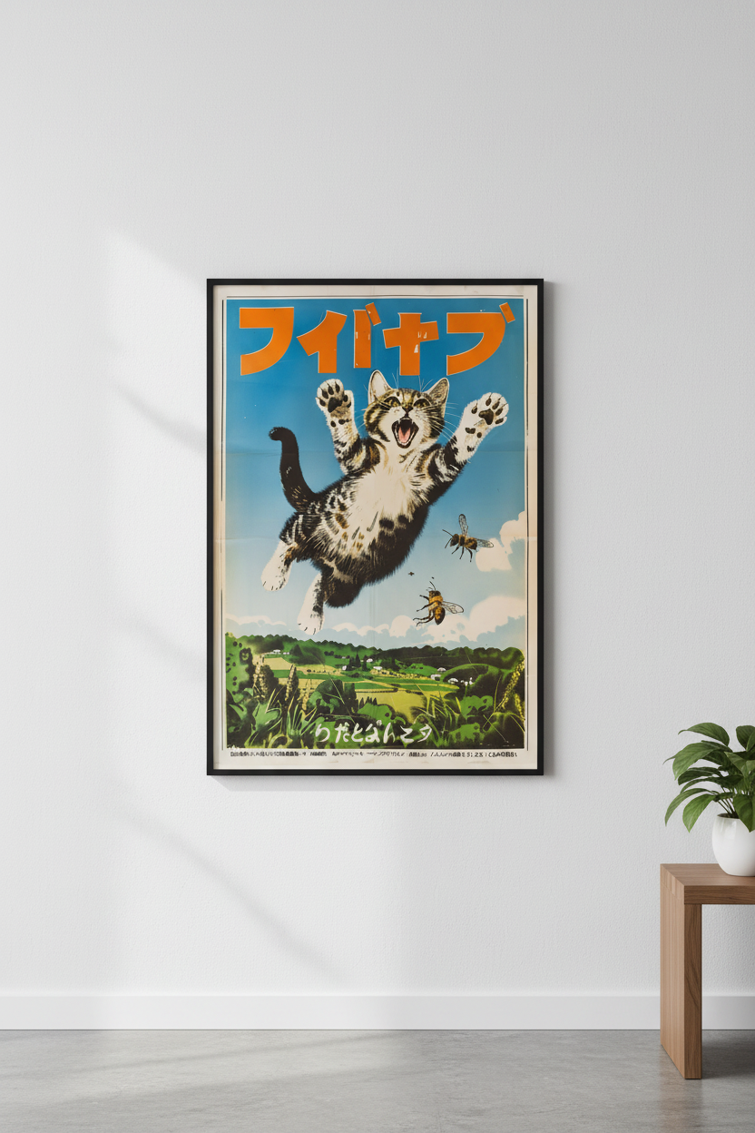 90s Japanese Cat and Bees Poster – A2 Screaming Cat Print