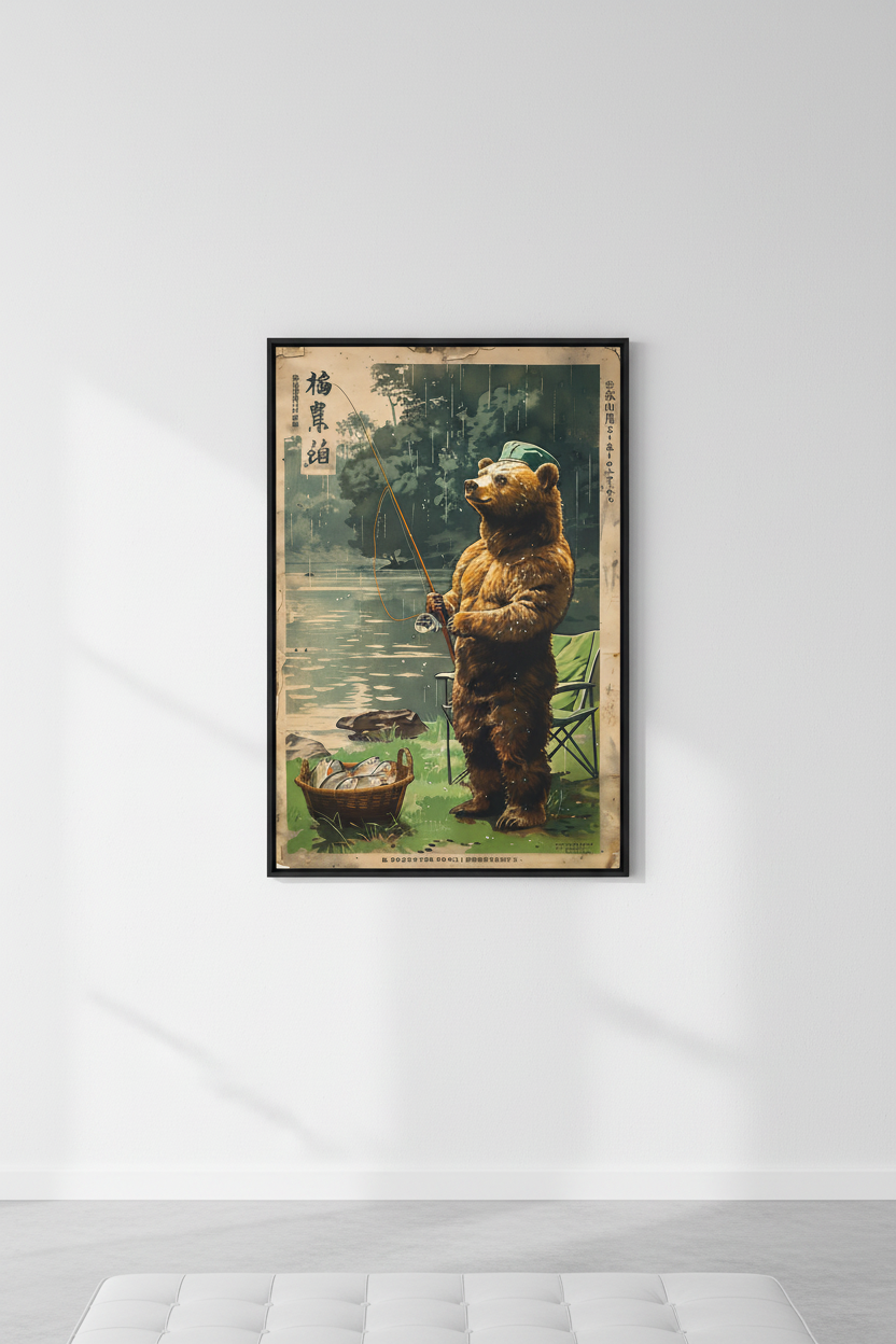 🎣 Vintage Bear Fishing Mount Fuji Poster 🎣