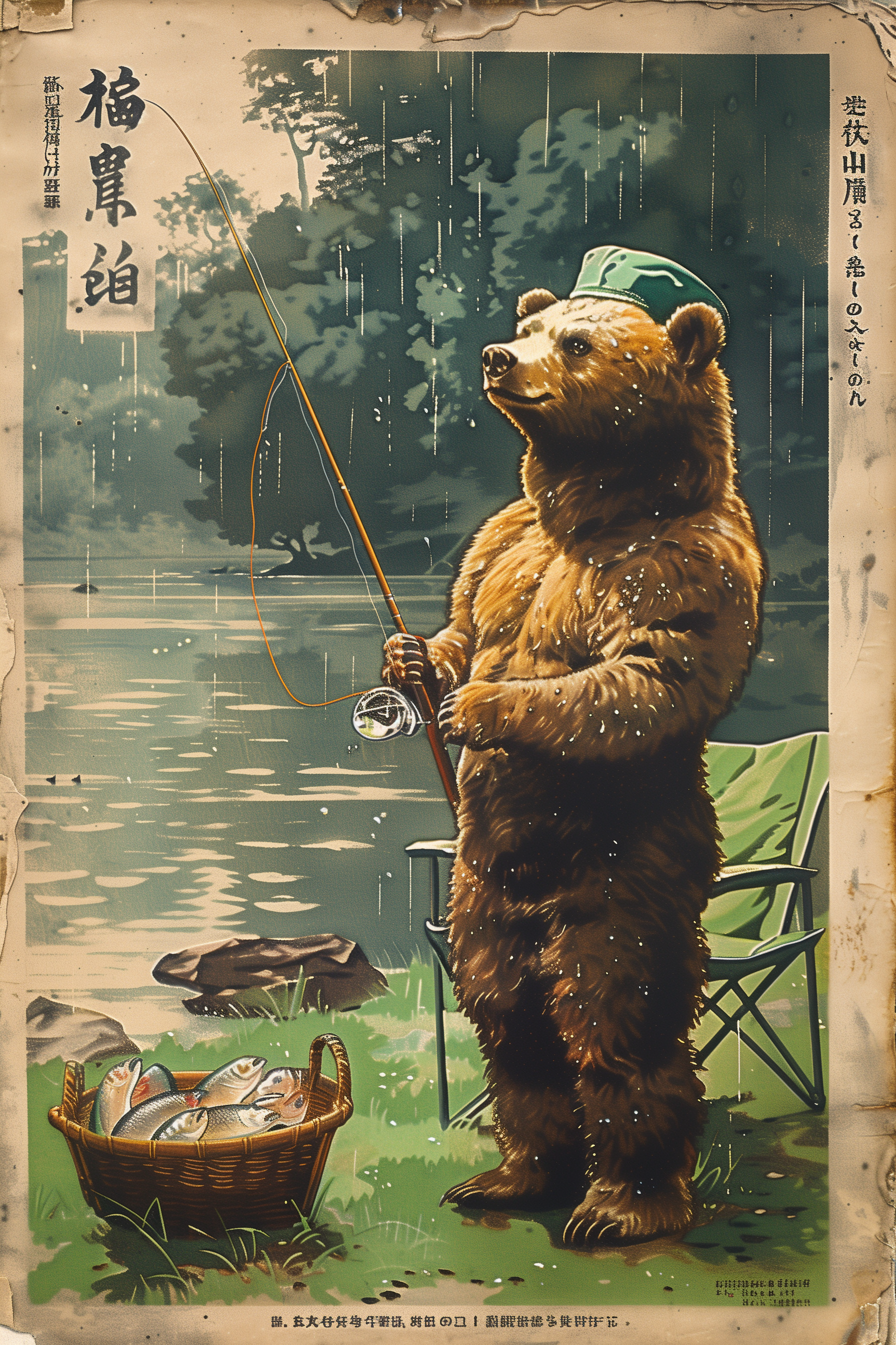 🎣 Vintage Bear Fishing Mount Fuji Poster 🎣