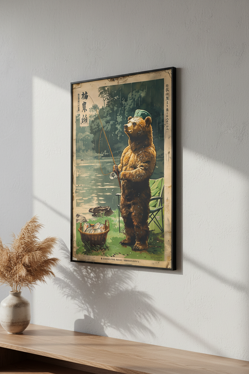 🎣 Vintage Bear Fishing Mount Fuji Poster 🎣