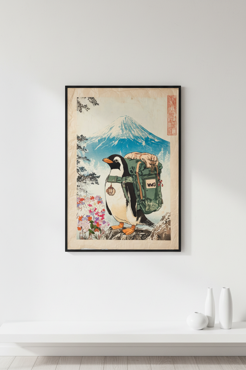 🐧 Vintage Penguin Mount Fuji Poster 🐧