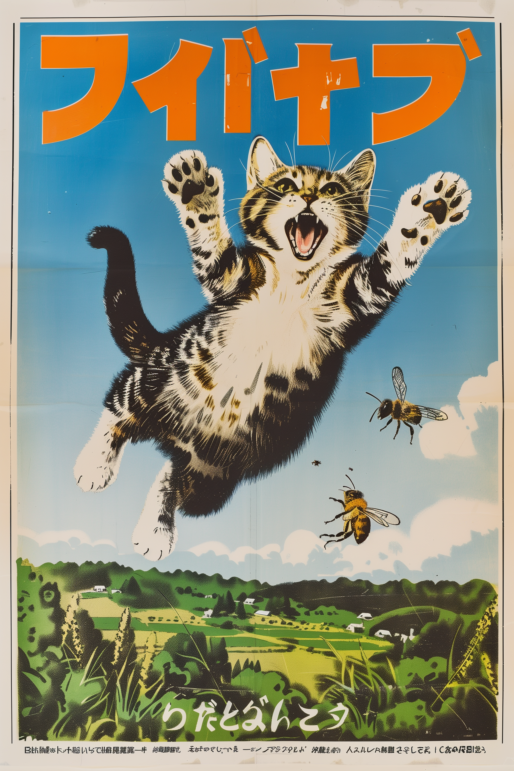 90s Japanese Cat and Bees Poster – A2 Screaming Cat Print